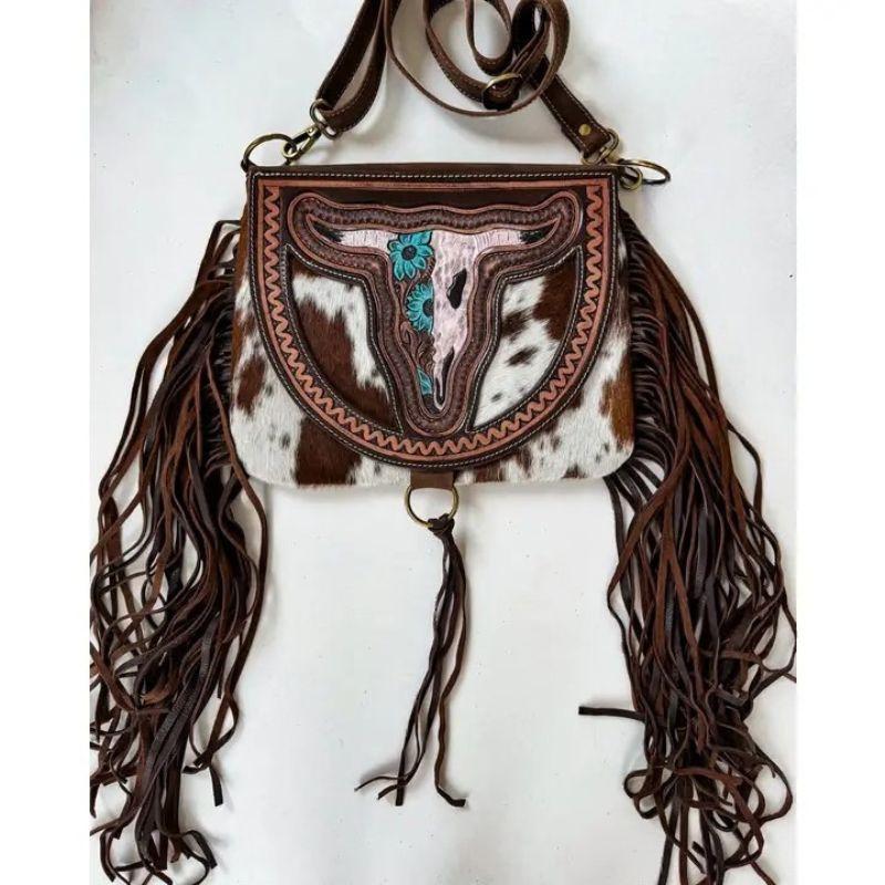 Crossbody Steer Longhorn Cowhide Purse Bag with Fringe and Turquoise Accents for Women Genuine Cowhide Western Style Handbag