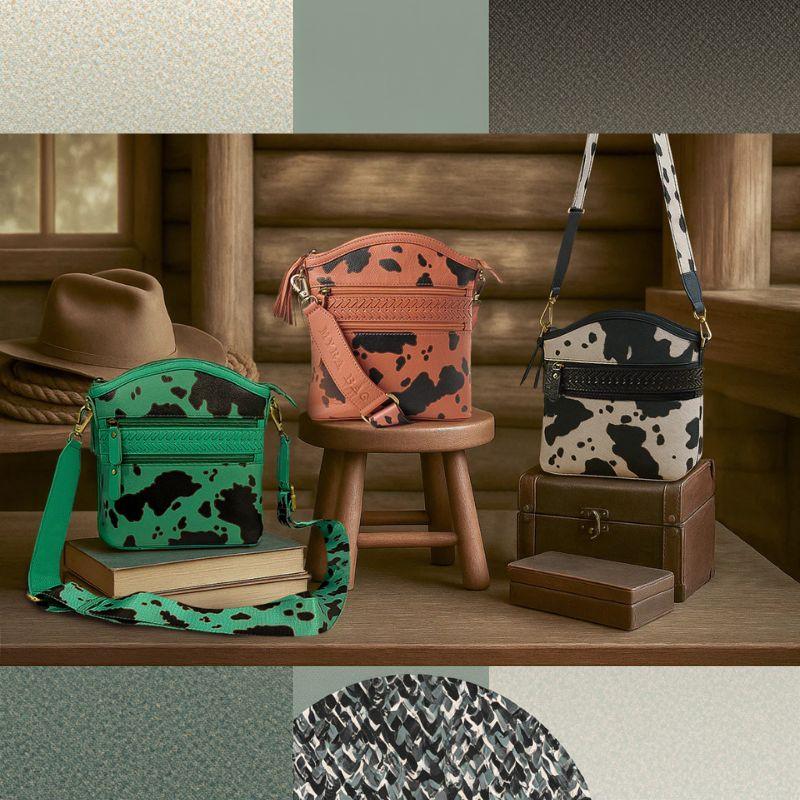 Prairie Sage Spotted Shoulder Bag - Cow-Print Crossbody Leather Bag with Braided Detail & Antique Brass Hardware - Multiple Zip Compartments - Detachable Adjustable Strap
