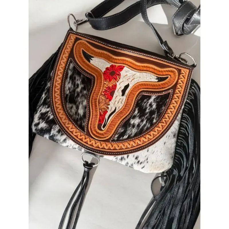 Crossbody Steer Longhorn Cowhide Purse Bag with Fringe and Turquoise Accents for Women Genuine Cowhide Western Style Handbag