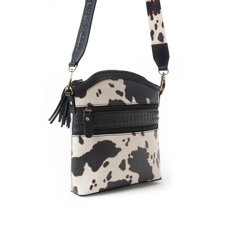 Prairie Sage Spotted Shoulder Bag - Cow-Print Crossbody Leather Bag with Braided Detail & Antique Brass Hardware - Multiple Zip Compartments - Detachable Adjustable Strap