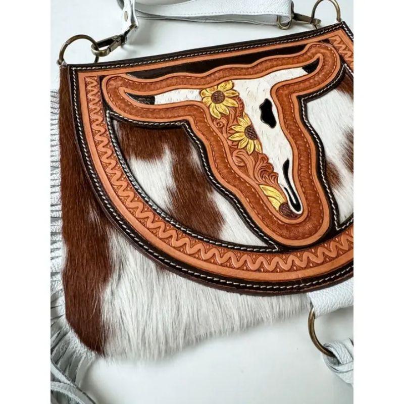 Crossbody Steer Longhorn Cowhide Purse Bag with Fringe and Turquoise Accents for Women Genuine Cowhide Western Style Handbag