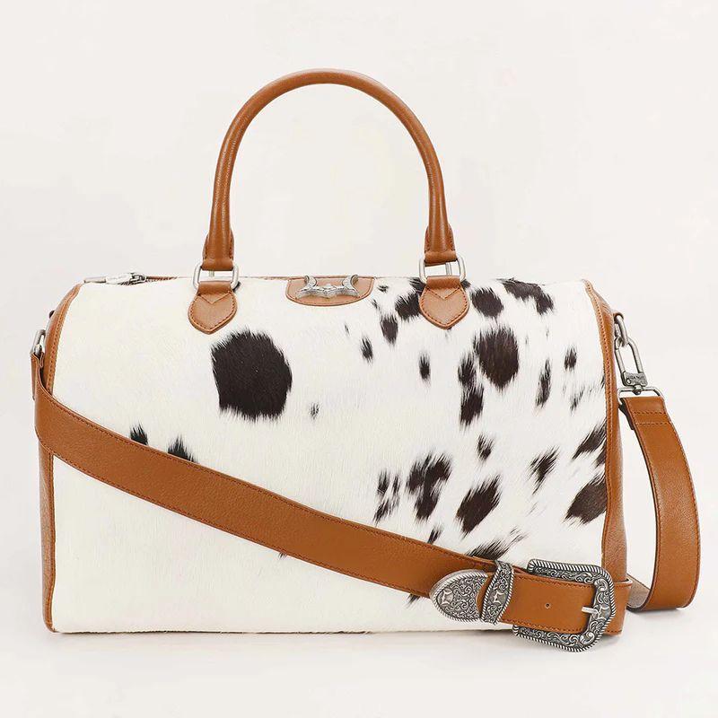 Loyal West Silver Standard Medium Duffle Bag - Premium Hairon Cowhide & Calfskin Travel Bag with Adjustable Strap & Spacious Interior