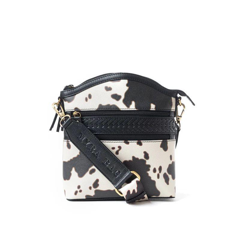 Prairie Sage Spotted Shoulder Bag - Cow-Print Crossbody Leather Bag with Braided Detail & Antique Brass Hardware - Multiple Zip Compartments - Detachable Adjustable Strap