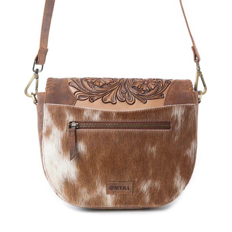 Myra Western Tooled Leather Crossbody Bag - Hand Tooled Hair-on Cowhide & Embossed Leather Flap - Adjustable Strap - Brown & White