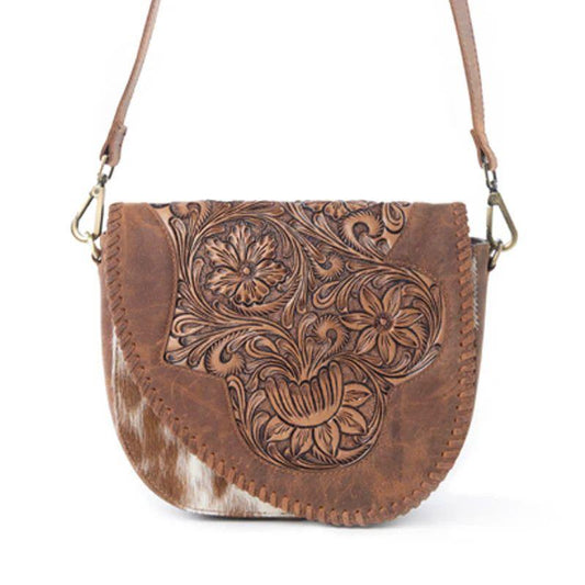 Myra Western Tooled Leather Crossbody Bag - Hand Tooled Hair-on Cowhide & Embossed Leather Flap - Adjustable Strap - Brown & White