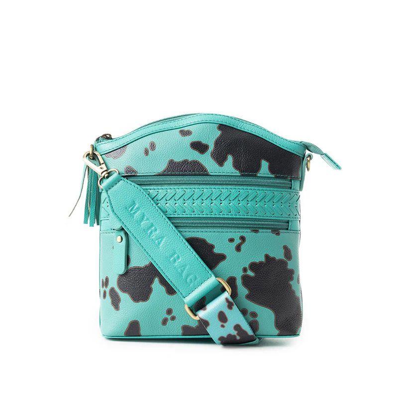 Prairie Sage Spotted Shoulder Bag - Cow-Print Crossbody Leather Bag with Braided Detail & Antique Brass Hardware - Multiple Zip Compartments - Detachable Adjustable Strap