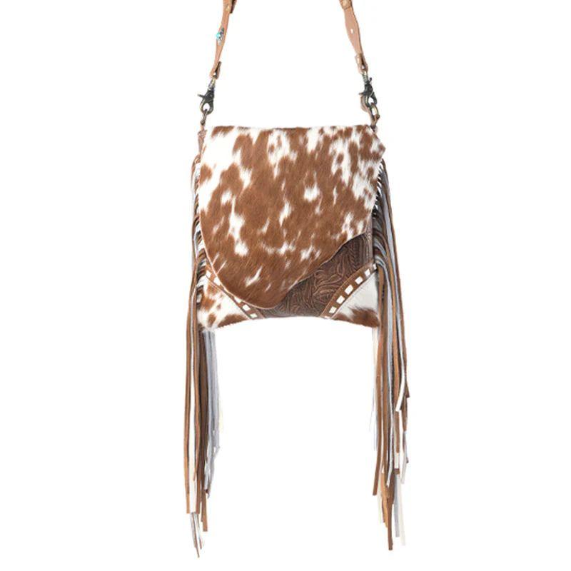 Myra Concealed Carry Bag in Prairie Fawn - Genuine Leather Cowhide with Fringe & Embossing - Secure CCW Compartment - Western Style Purse