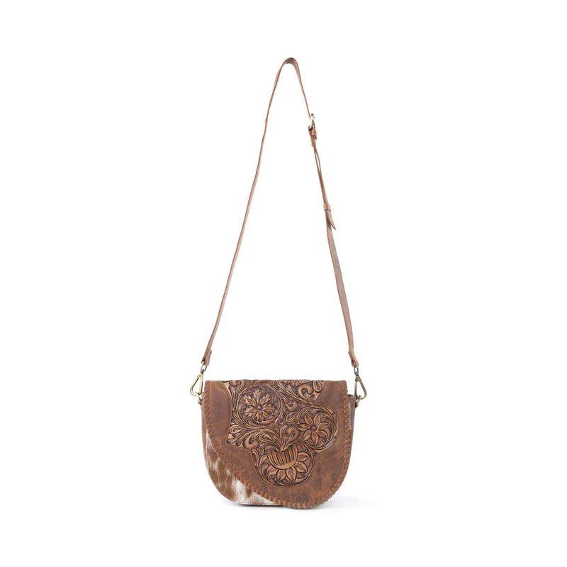 Myra Western Tooled Leather Crossbody Bag - Hand Tooled Hair-on Cowhide & Embossed Leather Flap - Adjustable Strap - Brown & White