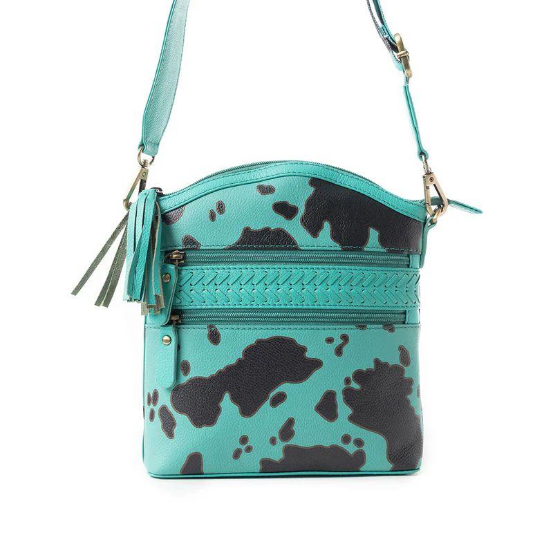 Prairie Sage Spotted Shoulder Bag - Cow-Print Crossbody Leather Bag with Braided Detail & Antique Brass Hardware - Multiple Zip Compartments - Detachable Adjustable Strap