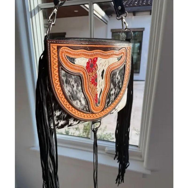 Crossbody Steer Longhorn Cowhide Purse Bag with Fringe and Turquoise Accents for Women Genuine Cowhide Western Style Handbag