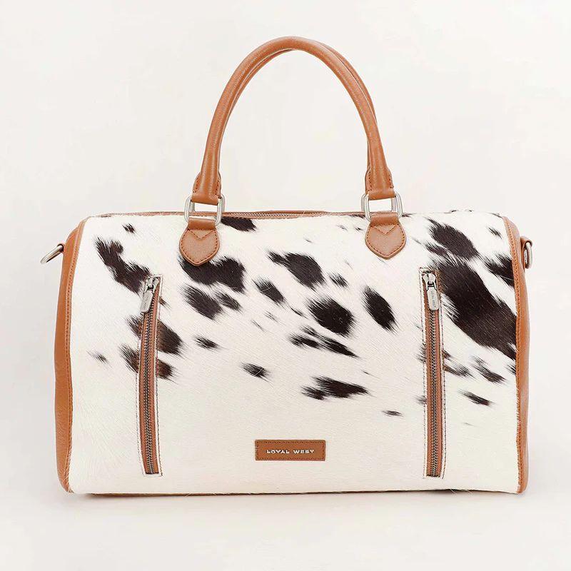 Loyal West Silver Standard Medium Duffle Bag - Premium Hairon Cowhide & Calfskin Travel Bag with Adjustable Strap & Spacious Interior
