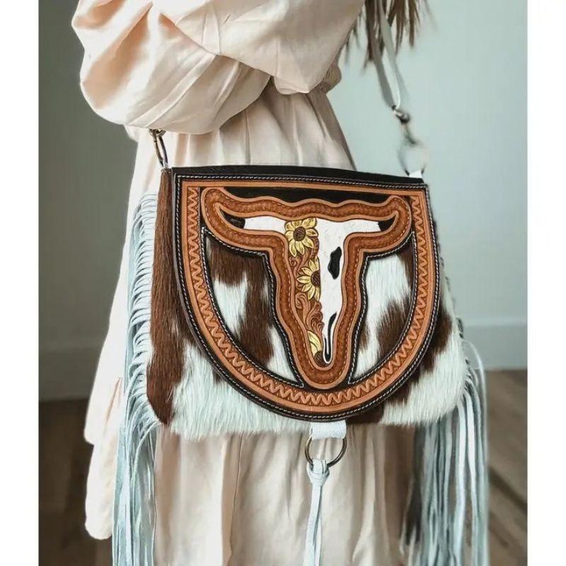 Crossbody Steer Longhorn Cowhide Purse Bag with Fringe and Turquoise Accents for Women Genuine Cowhide Western Style Handbag