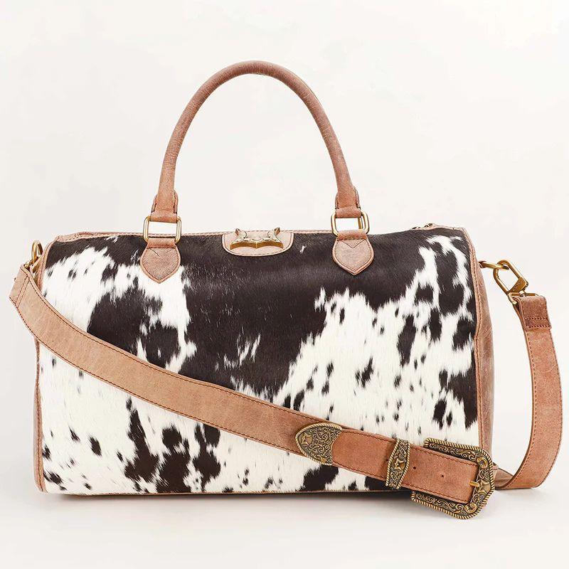 Loyal West Silver Standard Medium Duffle Bag - Premium Hairon Cowhide & Calfskin Travel Bag with Adjustable Strap & Spacious Interior