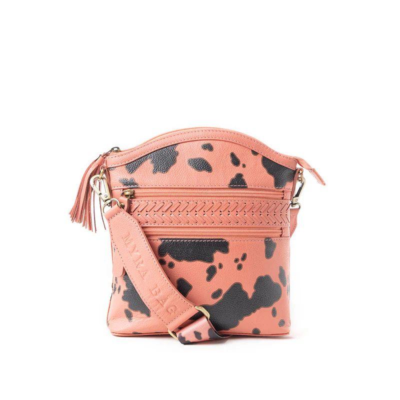 Prairie Sage Spotted Shoulder Bag - Cow-Print Crossbody Leather Bag with Braided Detail & Antique Brass Hardware - Multiple Zip Compartments - Detachable Adjustable Strap