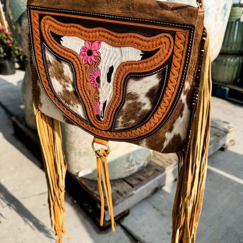 Crossbody Steer Longhorn Cowhide Purse Bag with Fringe and Turquoise Accents for Women Genuine Cowhide Western Style Handbag