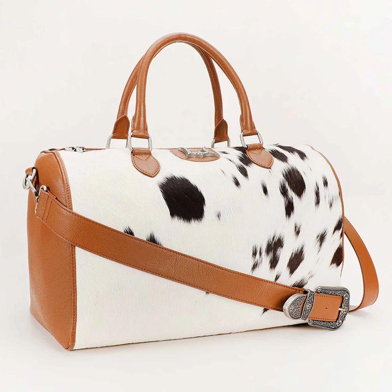 Loyal West Silver Standard Medium Duffle Bag - Premium Hairon Cowhide & Calfskin Travel Bag with Adjustable Strap & Spacious Interior